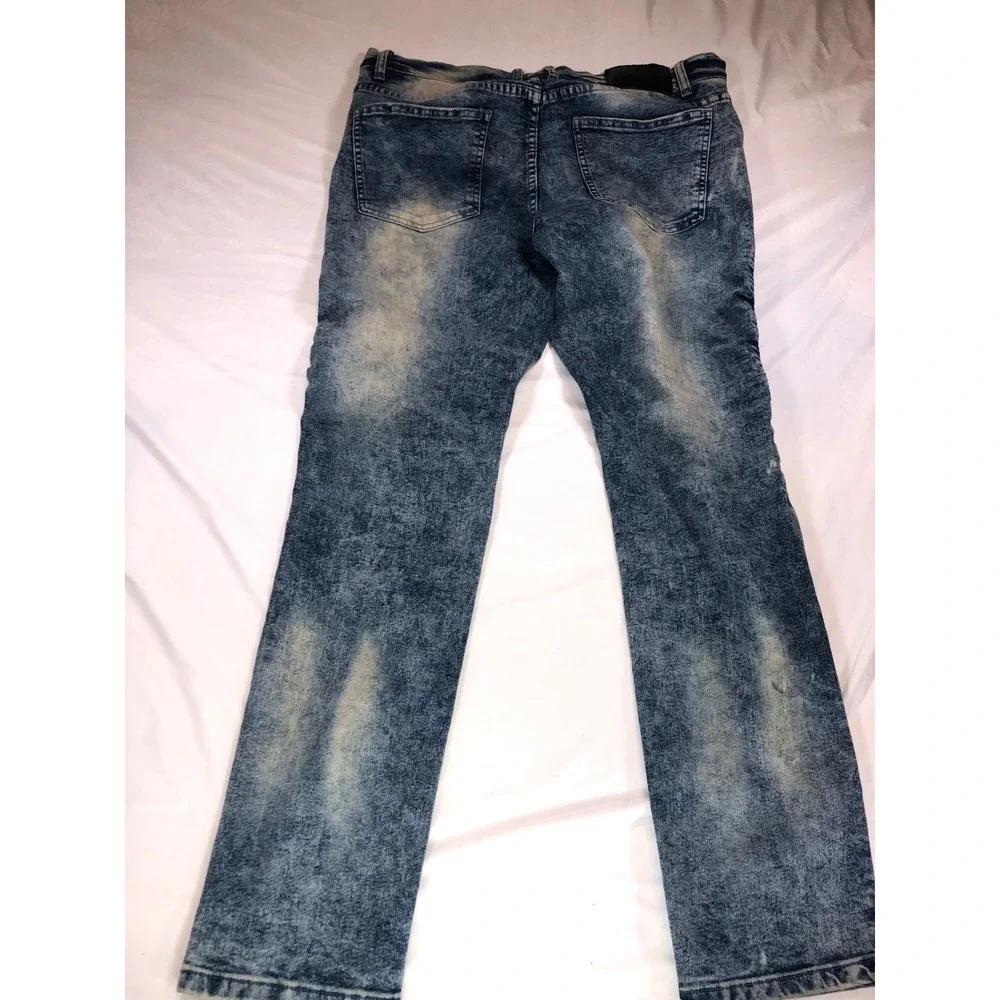 Reason Brand Mens Moto Biker Jeans Acid Wash Blue Distressed Slim Straight 38x30